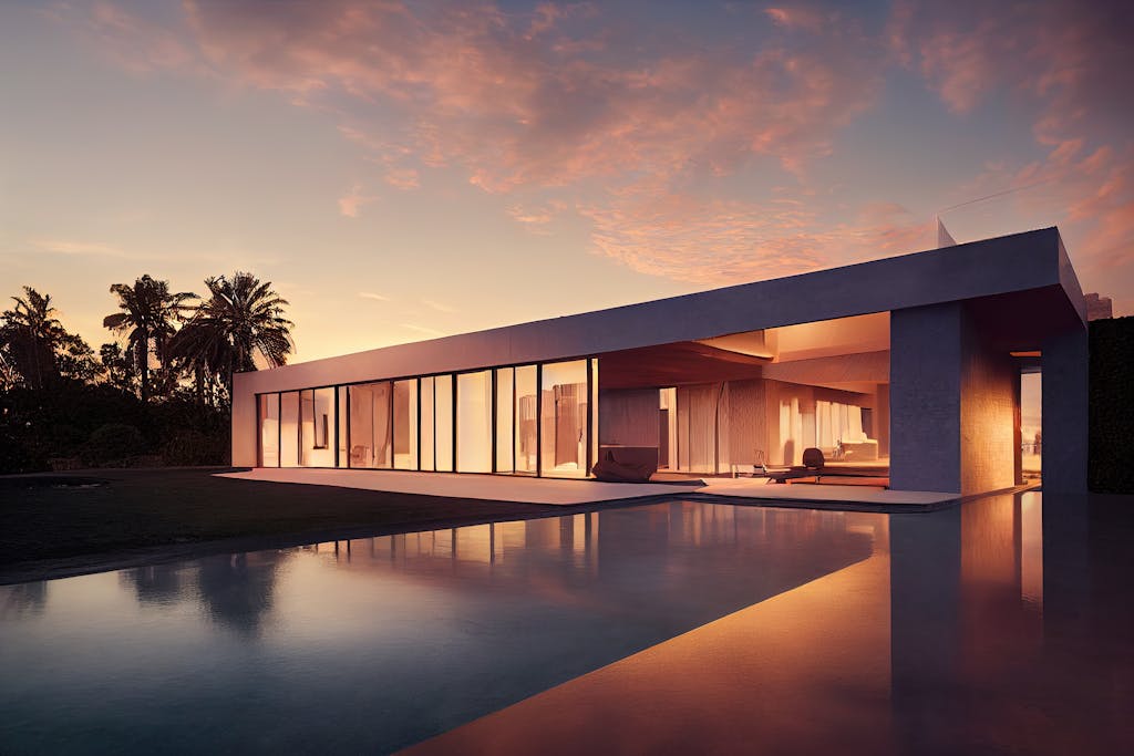 Elegant modern villa with poolside view reflecting a stunning sunset sky.